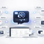 Notion Agents 2.0 illustration showing AI Workers executing automated workflows across connected productivity tools.