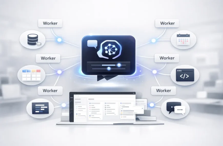 Notion Agents 2.0 illustration showing AI Workers executing automated workflows across connected productivity tools.