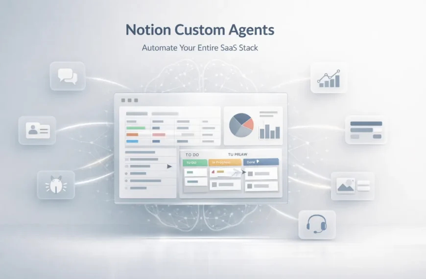 Notion Custom Agents automating workflows across connected SaaS tools in a centralized AI dashboard.