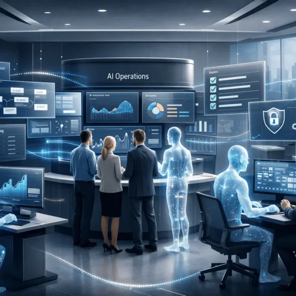 OpenAI Frontier enterprise AI coworkers collaborating with humans in a governed, workflow-driven business environment.