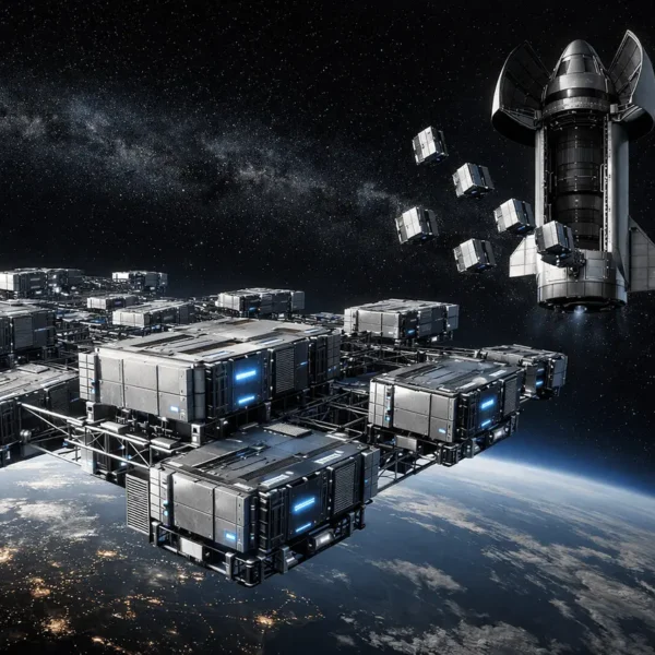 SuperGok Orbital data centers in low Earth orbit with modular AI compute satellites deployed by a heavy-lift spacecraft, enabling space-based computing infrastructure.
