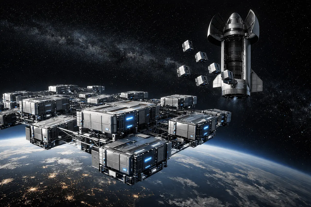 Orbital Data Centers: Starship V3 and Space-Based AI Compute Orbital data centers in low Earth orbit with modular AI compute satellites deployed by a heavy-lift spacecraft, enabling space-based computing infrastructure.