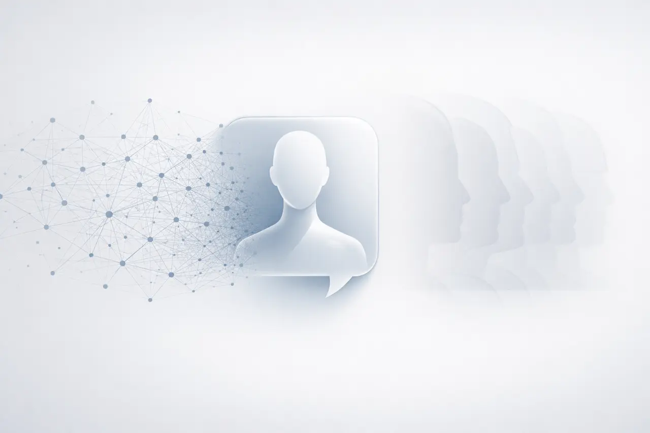 Persona Selection Model: Why AI Assistants Seem Human? Persona Selection Model concept illustration showing neural network transforming into an AI assistant persona in a minimal editorial design.