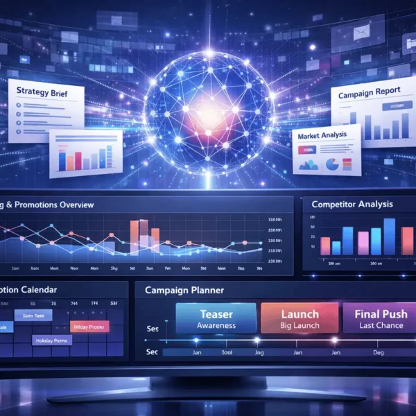 Pokee Ecommerce Strategy Agent dashboard showing automated ecommerce campaign planning, pricing analysis, and promotion strategy visualization.