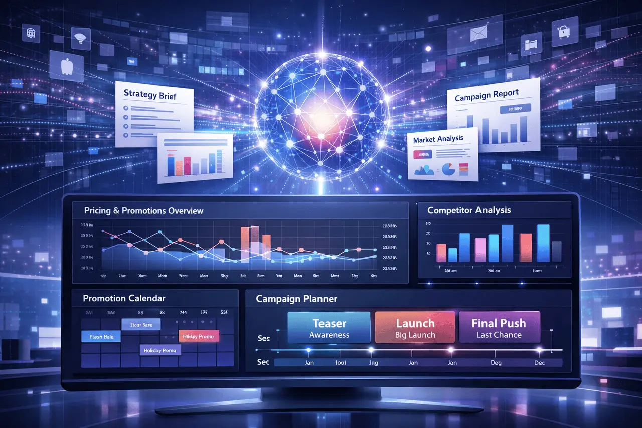 Pokee Ecommerce Strategy Agent for Automated Campaign Planning Pokee Ecommerce Strategy Agent dashboard showing automated ecommerce campaign planning, pricing analysis, and promotion strategy visualization.
