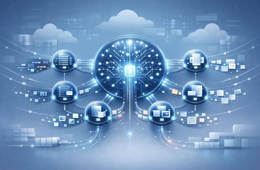 Recursive Language Models visualizing hierarchical AI agents delegating tasks recursively within an enterprise-scale cloud architecture.