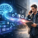 SuperGok Rent a Human AI illustration showing an AI agent delegating real-world tasks to a human through a digital interface.