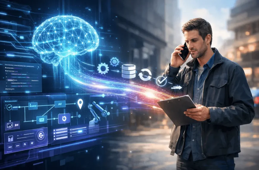 SuperGok Rent a Human AI illustration showing an AI agent delegating real-world tasks to a human through a digital interface.