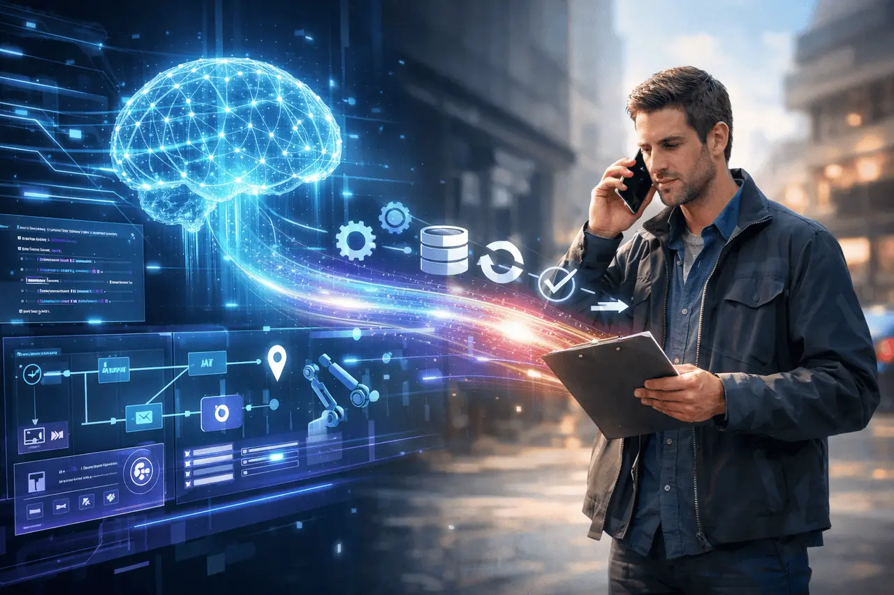 Rent a Human AI: AI Agents for Real-World Tasks Rent a Human AI illustration showing an AI agent delegating real-world tasks to a human through a digital interface.