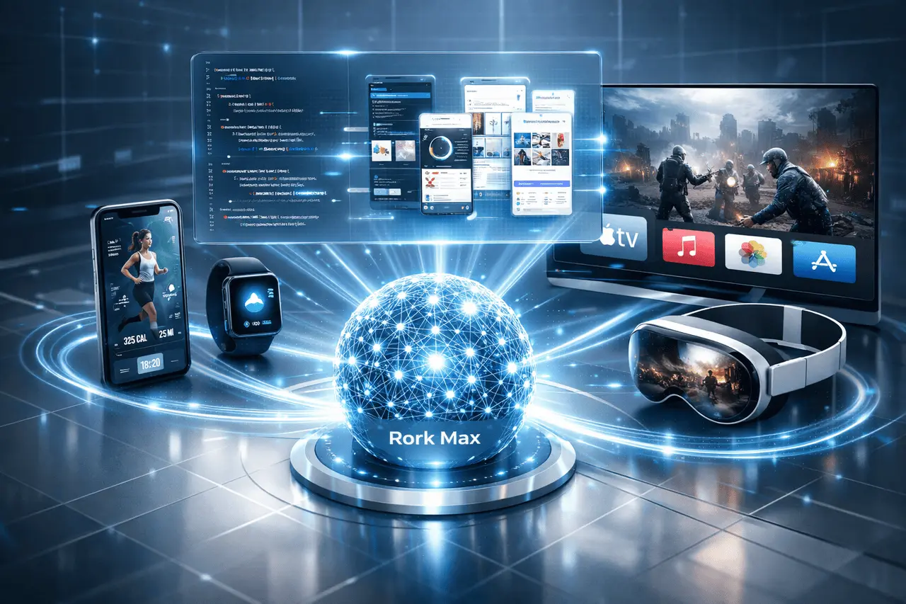 Rork Max: AI That Builds Apple Apps in One Shot Rork Max AI app builder generating native Apple apps across iPhone, iPad, Apple Watch, Apple TV, and Vision Pro devices.