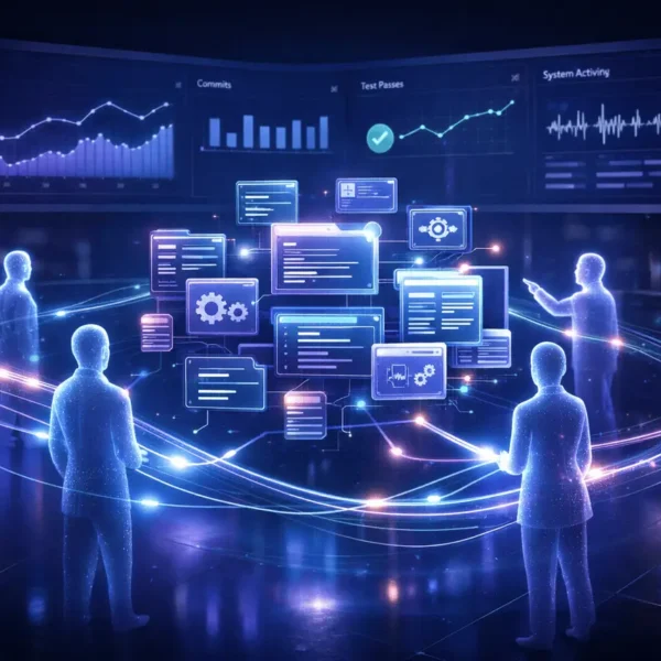 Self-driving codebases illustrated as autonomous AI agents collaboratively building and managing a complex software system in a futuristic development environment.