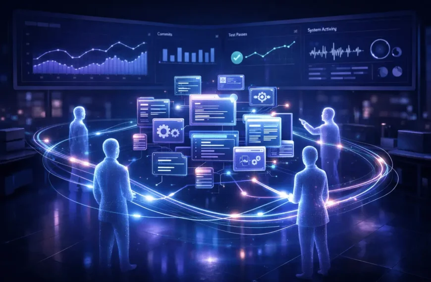 Self-driving codebases illustrated as autonomous AI agents collaboratively building and managing a complex software system in a futuristic development environment.