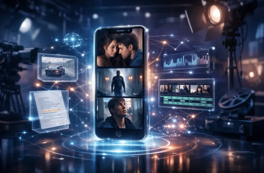 SuperGok TrueShort AI Studio visual showing AI-powered filmmaking workflow and mobile-first microdrama streaming platform.