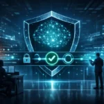 Trusted Access framework illustration showing secure AI access controls protecting advanced cybersecurity systems and data networks.