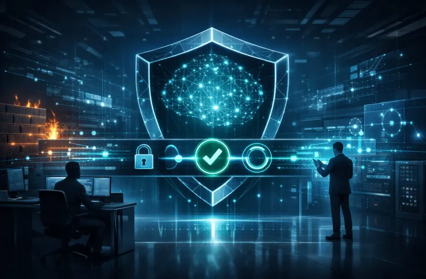 Trusted Access framework illustration showing secure AI access controls protecting advanced cybersecurity systems and data networks.