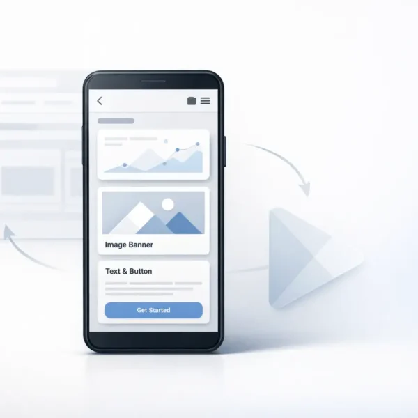 SuperGok Vibecode Android interface mockup showing Android app testing, web-to-app sync, and Play Store deployment concept in a minimal tech design.