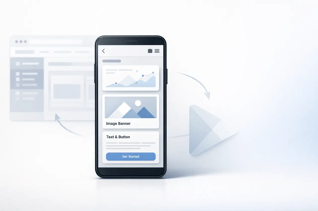 Vibecode Android: Cross-Platform App Development Vibecode Android interface mockup showing Android app testing, web-to-app sync, and Play Store deployment concept in a minimal tech design.