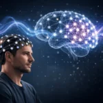 ZUNA EEG reconstruction visual showing AI-enhanced brain signal restoration from sparse scalp electrode data for scalable brain-computer interface systems.