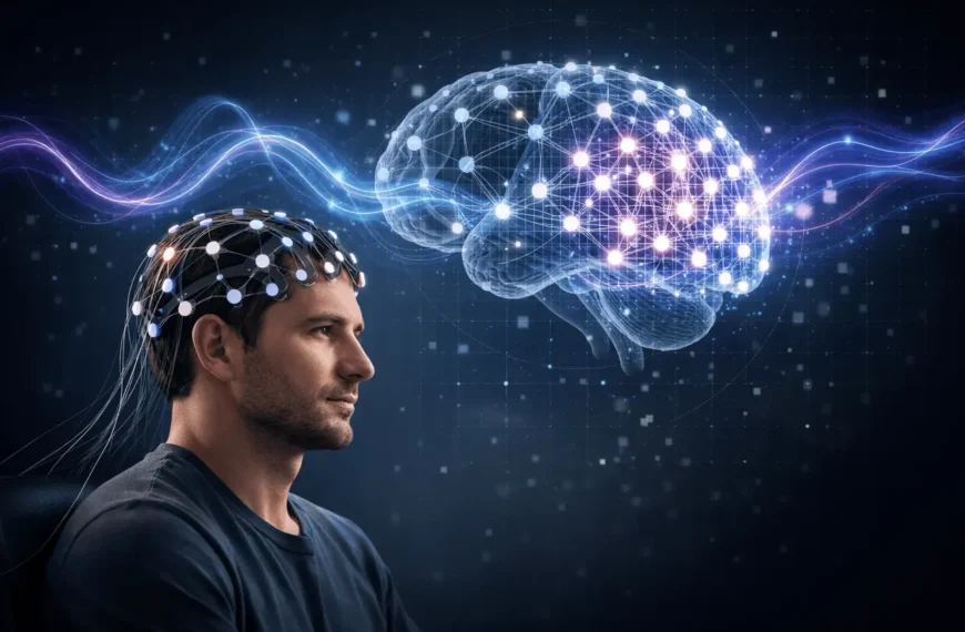 ZUNA EEG reconstruction visual showing AI-enhanced brain signal restoration from sparse scalp electrode data for scalable brain-computer interface systems.