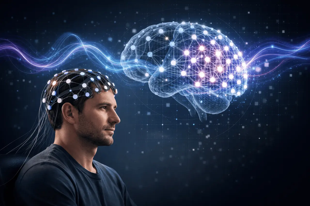 ZUNA EEG Reconstruction for Scalable BCI Systems ZUNA EEG reconstruction visual showing AI-enhanced brain signal restoration from sparse scalp electrode data for scalable brain-computer interface systems.