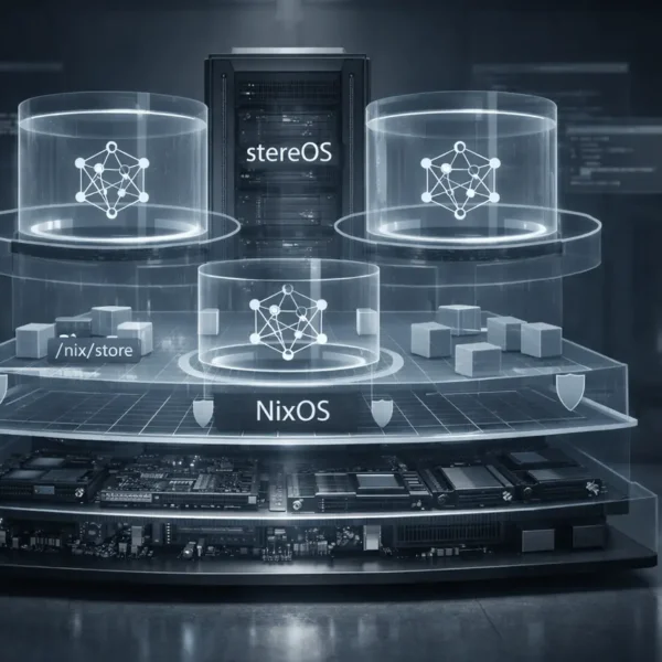 stereOS Linux operating system architecture showing secure AI agent sandboxing with layered isolation and NixOS foundation.