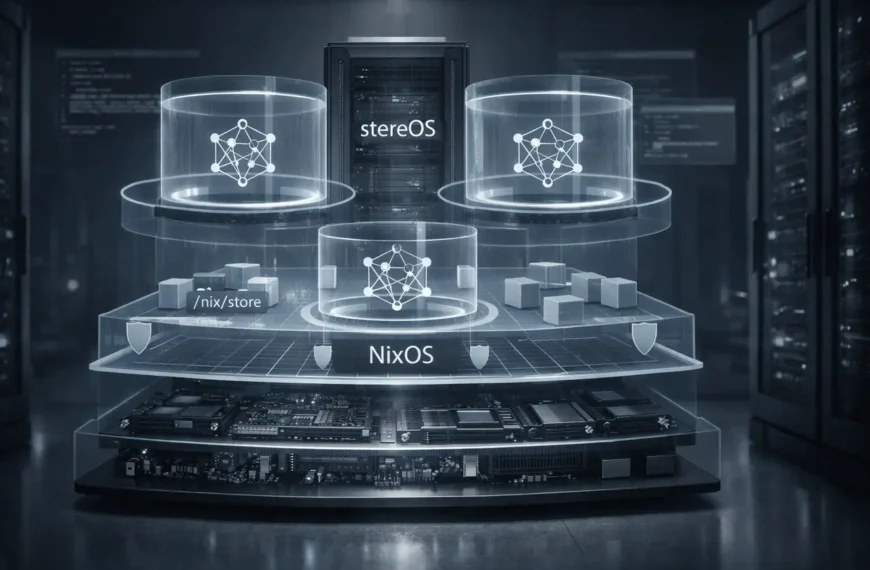 SuperGok stereOS Linux operating system architecture showing secure AI agent sandboxing with layered isolation and NixOS foundation.