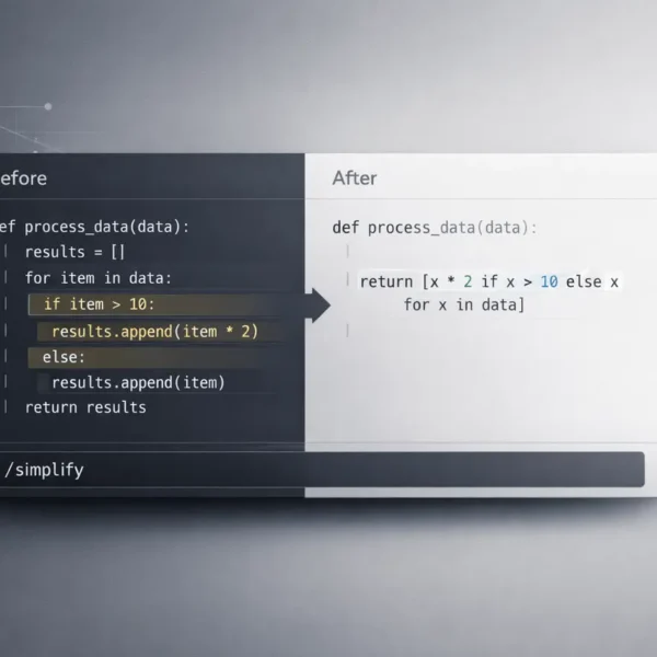 Claude Code 2.1.63 /simplify command automatically refactoring duplicated and inefficient code in a clean developer interface.