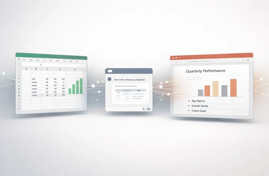 Claude for Excel and PowerPoint AI integration showing shared context between spreadsheets and presentations with automated workflow skills.