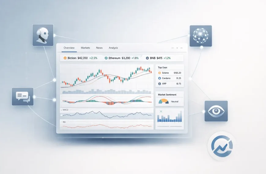 CoinMarketCap AI agent tools interface showing real-time cryptocurrency data, technical indicators, and automated market intelligence dashboard.