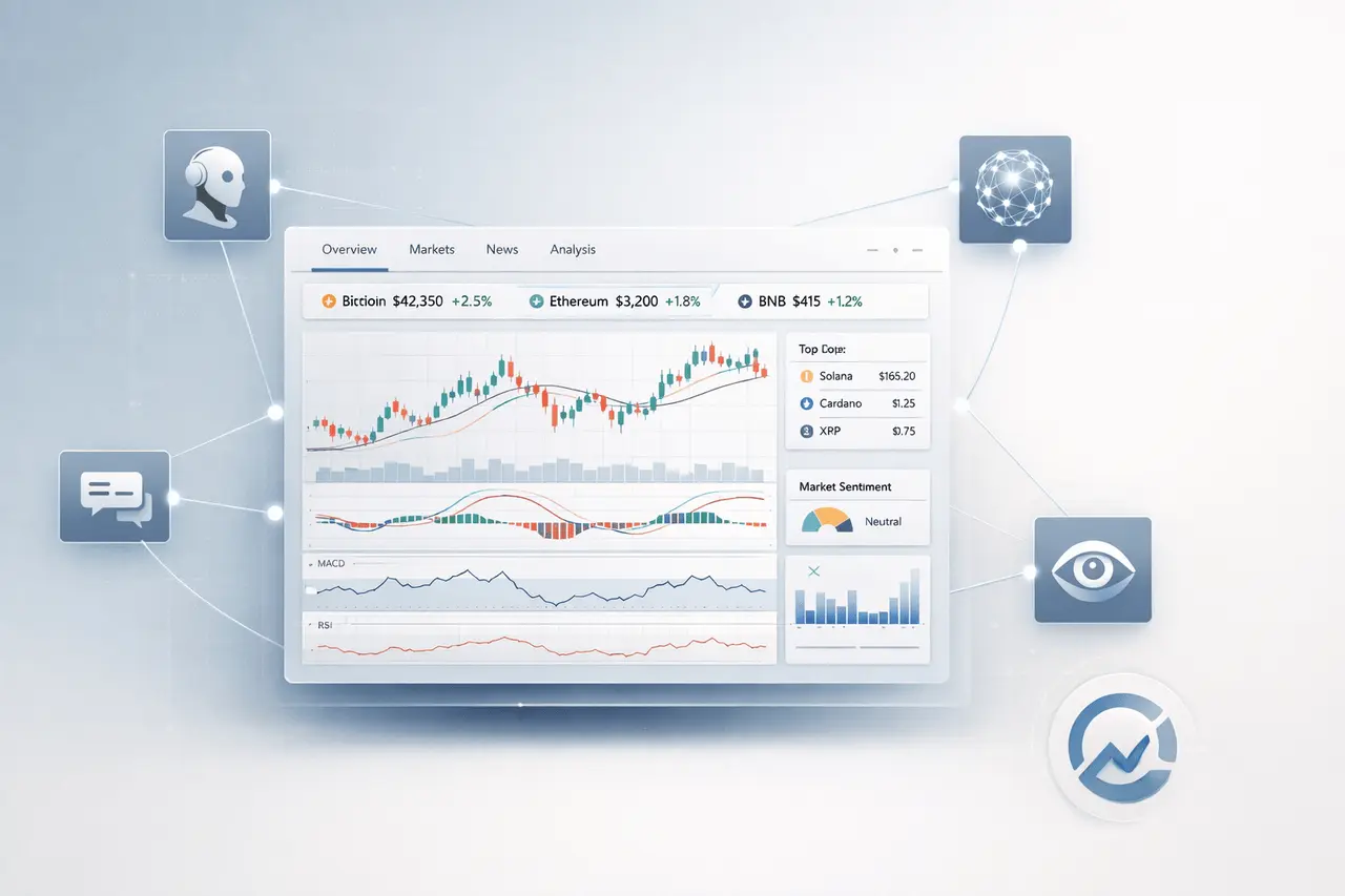 CoinMarketCap AI Agent Tools for Real-Time Crypto Intelligence CoinMarketCap AI agent tools interface showing real-time cryptocurrency data, technical indicators, and automated market intelligence dashboard.