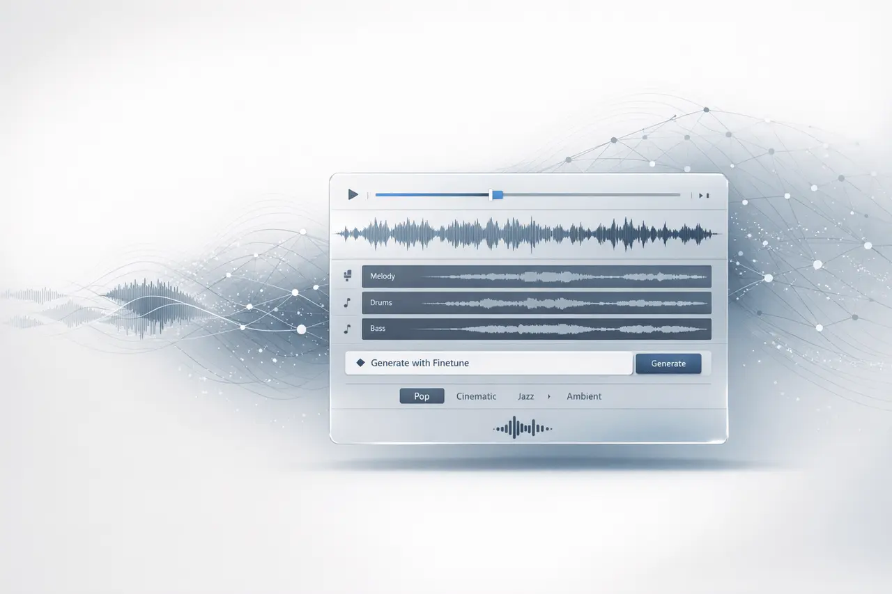 ElevenLabs Music Finetunes: Train AI to Generate Music ElevenLabs Music Finetunes AI music generation interface showing custom AI model training for personalized music creation.