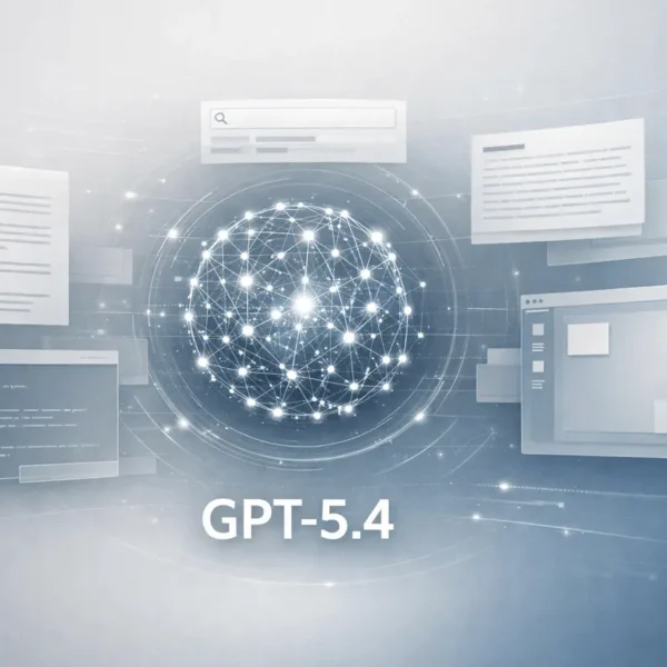 GPT-5.4 AI model visualization showing large context processing and computer use capabilities.