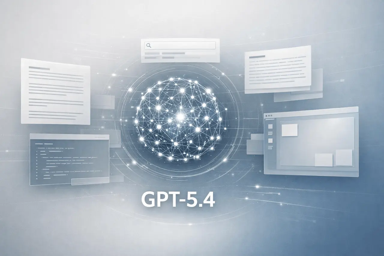 GPT-5.4 Launches with 1M Context Window and Computer Use GPT-5.4 AI model visualization showing large context processing and computer use capabilities.