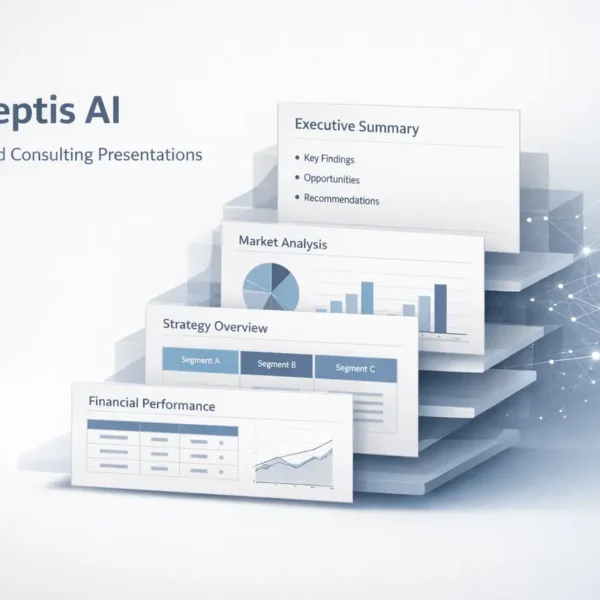 Perceptis AI generating a consulting-grade PowerPoint presentation with structured business insights and data visualization.