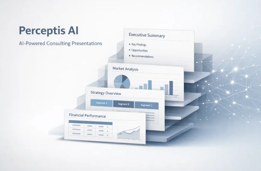 Perceptis AI generating a consulting-grade PowerPoint presentation with structured business insights and data visualization.