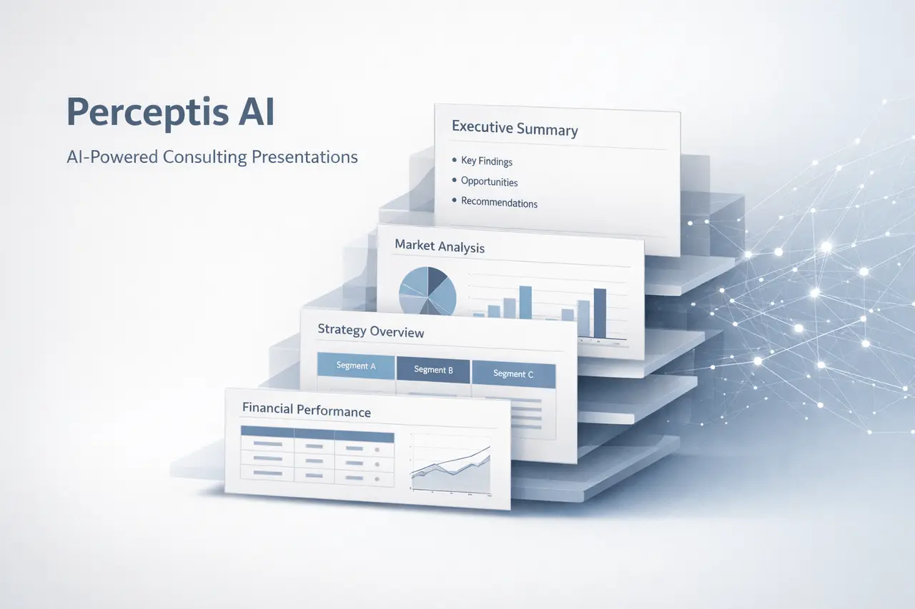 Perceptis AI generating a consulting-grade PowerPoint presentation with structured business insights and data visualization.