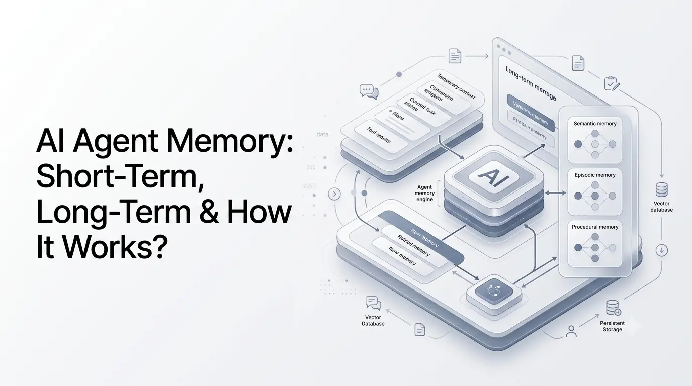 AI agent memory architecture showing short-term working memory and long-term persistent memory.