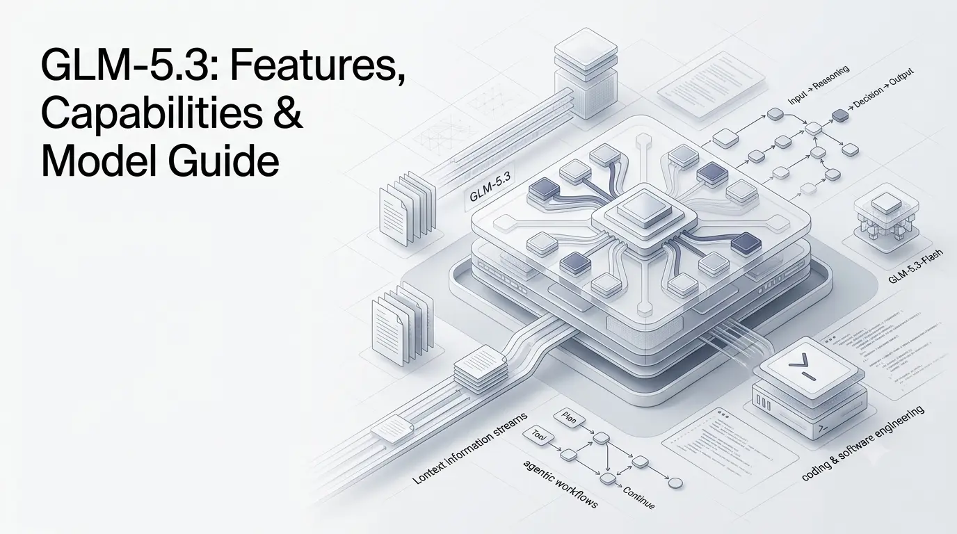 GLM-5.3 AI model with coding, reasoning and long-context architecture visualization.