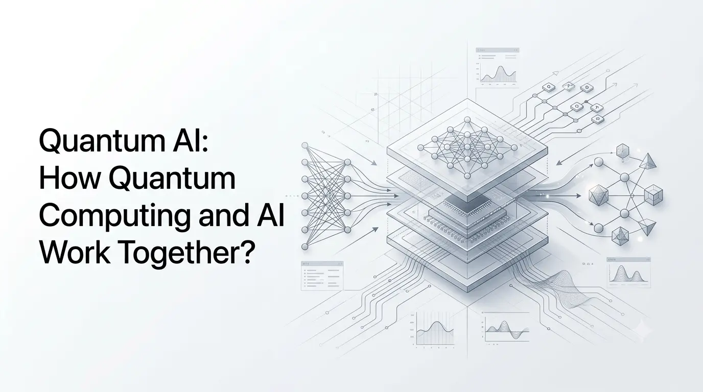 Quantum AI showing the connection between quantum computing, artificial intelligence and hybrid quantum-classical systems.