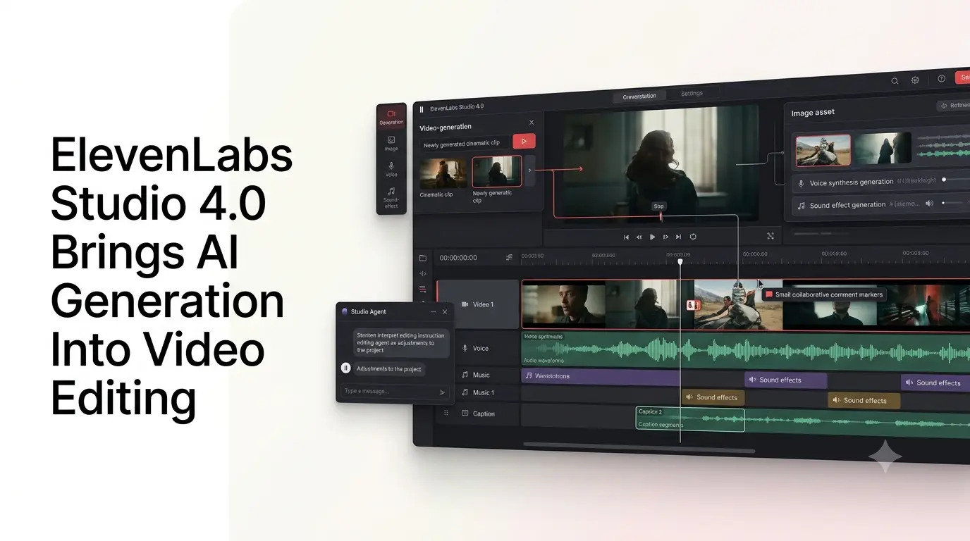 ElevenLabs Studio 4.0 AI video editor with integrated generation and Studio Agent.