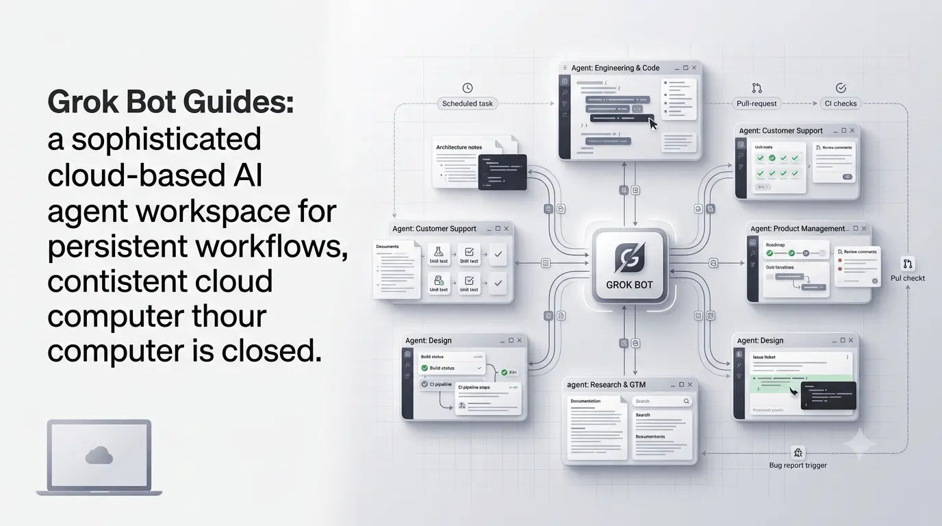 Grok Bot Guides showing persistent AI agents and automated workflows.
