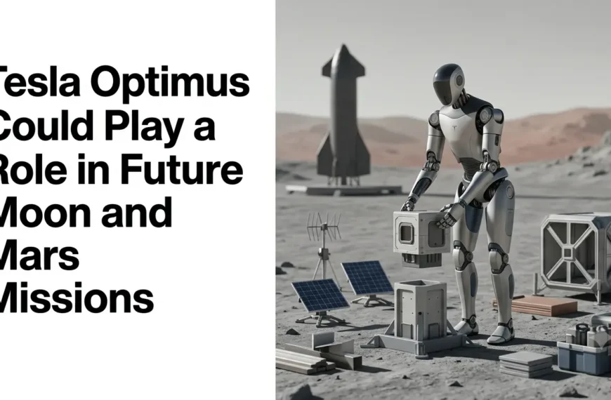 Tesla Optimus humanoid robot concept for future Moon and Mars infrastructure.