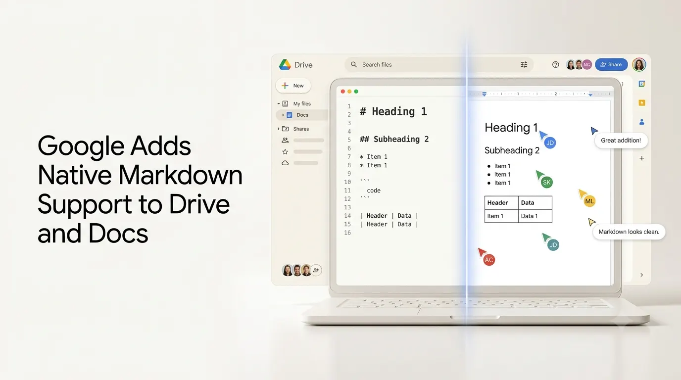 Google Markdown support for editing and collaborating on .md files in Drive and Docs.
